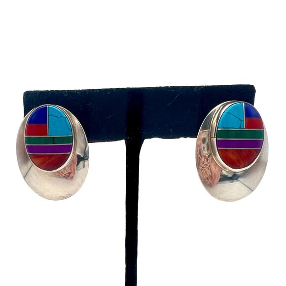Vintage Zuni Sterling Silver Oval Earrings Turquoise Coral Malachite Lapis Inlay - Picture 2 of 8